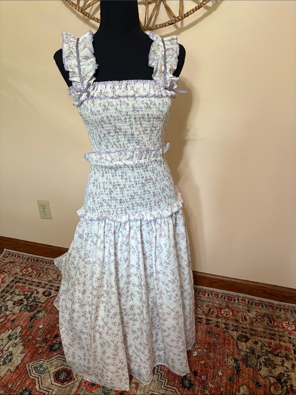 Smocked Floral Ruffle Midi Dress in White and Lavender
